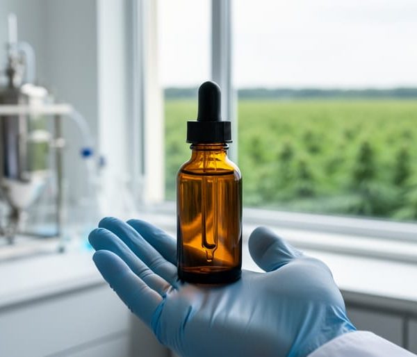 Gloved technician holding an unbranded amber CBD dropper bottle in a clean laboratory, with blurred stainless extraction equipment and a lush hemp field visible through a window in the background.