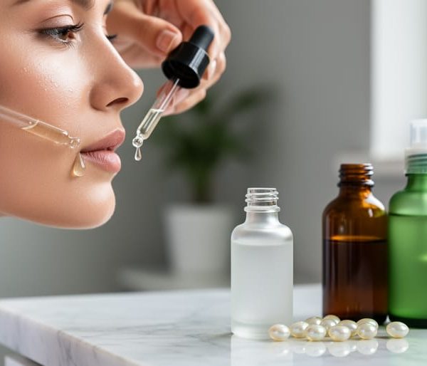 Close-up three-quarter view of a person dispensing clear CBD face serum from a glass dropper onto a dewy cheek, with unbranded green, frosted, and amber serum bottles and pearly ceramide capsules on a marble bathroom vanity in soft natural daylight; background towels and glassware softly blurred.