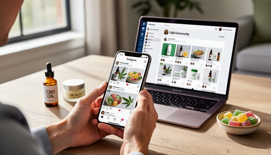 Hands holding smartphones showing CBD-related social media content in casual setting