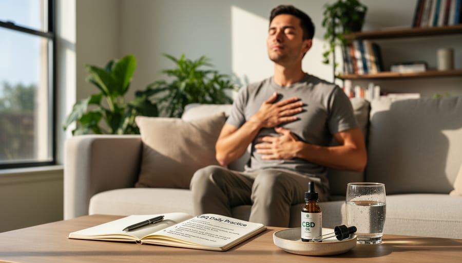 Journal, pen, CBD oil, and tea arranged on table showing wellness routine
