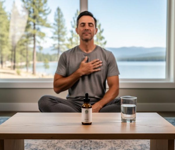 Adult meditating cross-legged by a sunny window, with a CBD oil dropper bottle and water on a low table, pine-lined lake and mountains softly blurred outside.