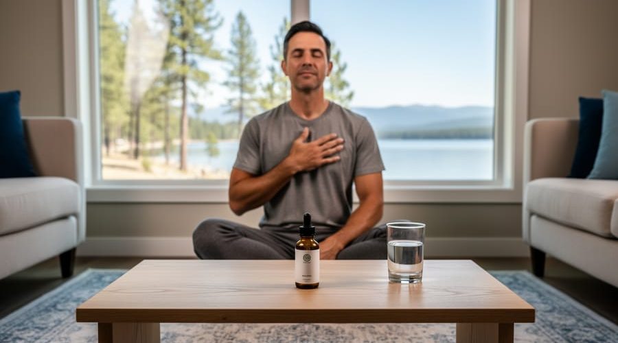 Adult meditating cross-legged by a sunny window, with a CBD oil dropper bottle and water on a low table, pine-lined lake and mountains softly blurred outside.