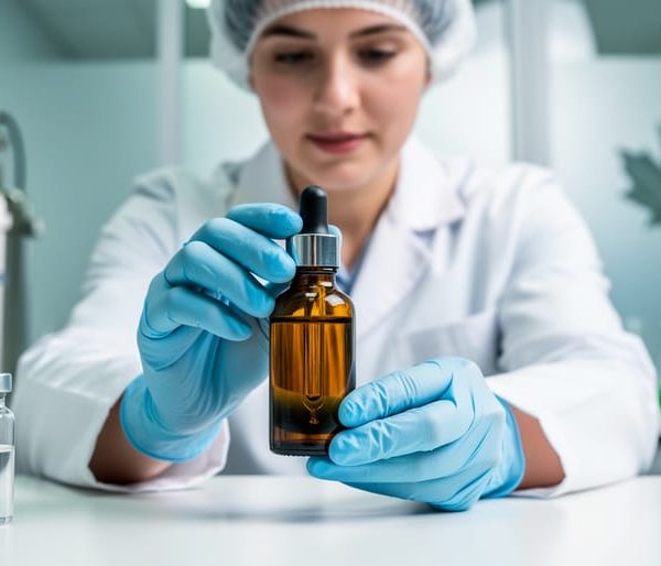 Gloved lab technician holding an unlabeled amber CBD oil dropper bottle with a tamper seal in a spotless laboratory, with stainless steel equipment and glassware softly blurred behind, conveying GMP-level quality control in Canada.