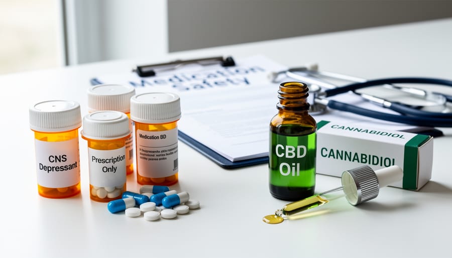 Prescription medication bottles arranged on countertop with glass of water
