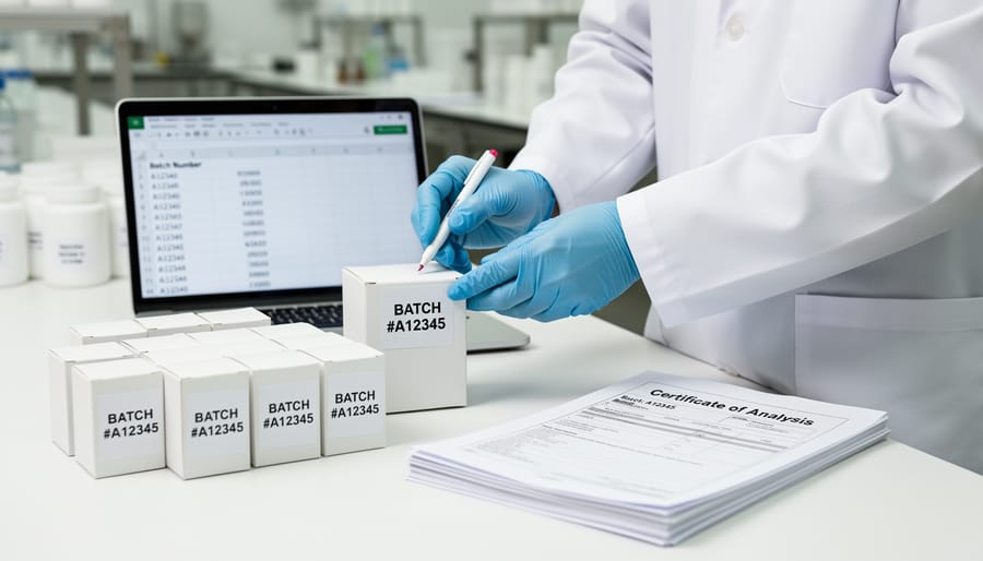 Hands comparing two documents on desk with finger pointing at batch information