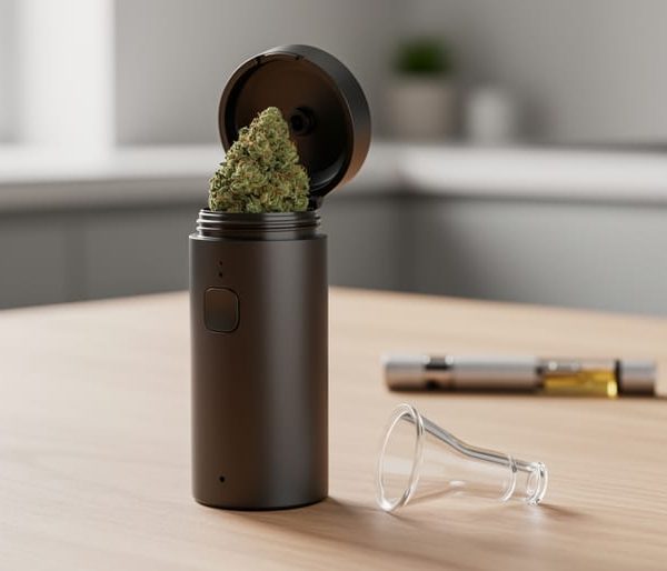 Close-up of a dry herb vaporizer with an open chamber holding ground cannabis on a light wood surface, with a blurred oil cartridge pen in the background under soft natural daylight.