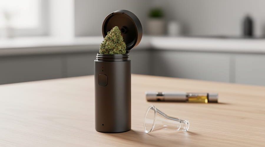 Close-up of a dry herb vaporizer with an open chamber holding ground cannabis on a light wood surface, with a blurred oil cartridge pen in the background under soft natural daylight.