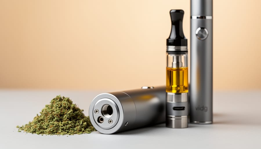 Dry herb vaporizer device next to fresh cannabis flower on wooden surface