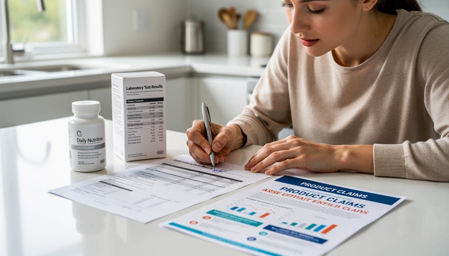 Person using magnifying glass to examine laboratory test report document