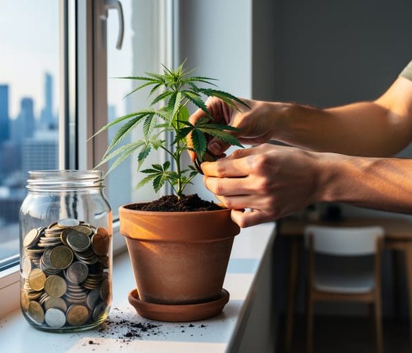 Young adult in a minimalist apartment tending a small cannabis plant by a sunlit window, a clear jar of coins beside the pot, with a blurred high-rise city skyline in the background.