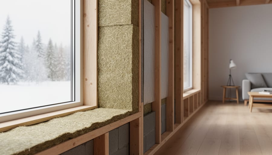 Hemp fiber insulation installed between wooden wall studs in modern sustainable home construction