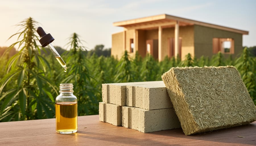 Hemp plant stalks in foreground with sustainable building construction in background