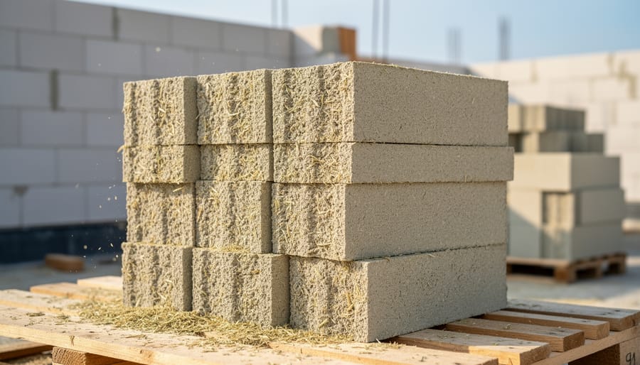 Close-up of hempcrete building block showing natural texture in construction worker's hands