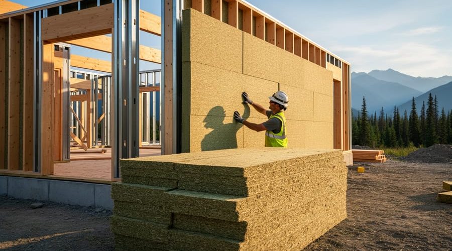 Modern timber-frame building under construction with stacked hempcrete blocks in the foreground and a worker installing a hemp insulation panel; CLT panels and recycled steel framing visible, mountains and evergreen trees in the background at golden hour.