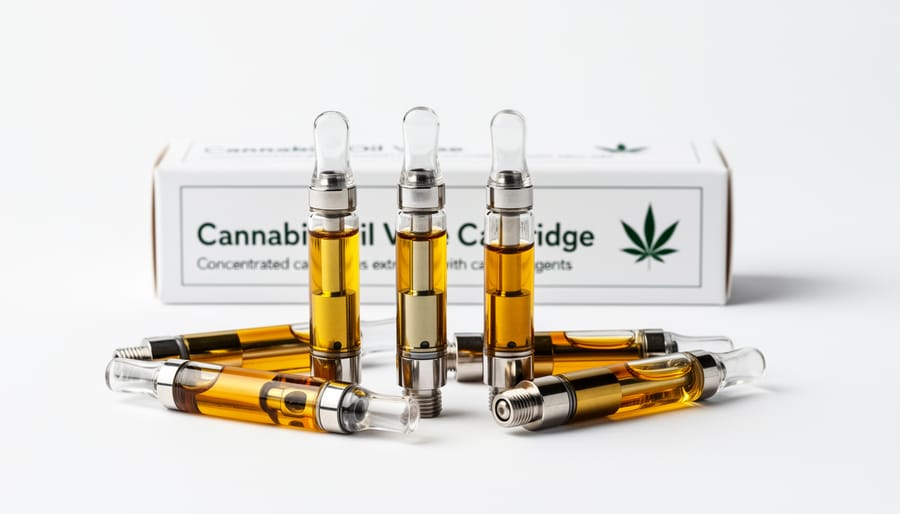 Cannabis oil vape cartridge showing amber-colored oil in transparent chamber