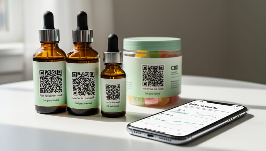 Hands scanning QR code on CBD product bottle with smartphone