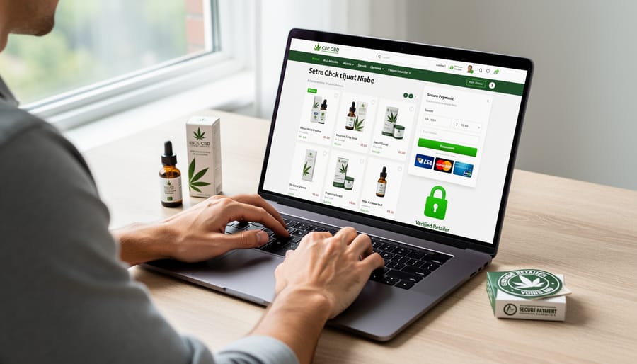 Consumer making secure online CBD purchase using laptop and smartphone