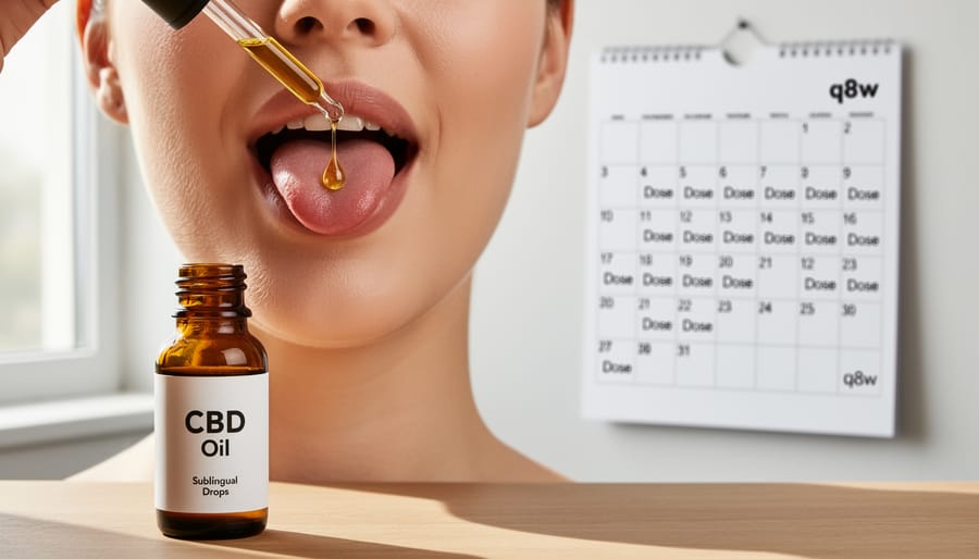 Close-up of person using CBD oil dropper under tongue for sublingual application