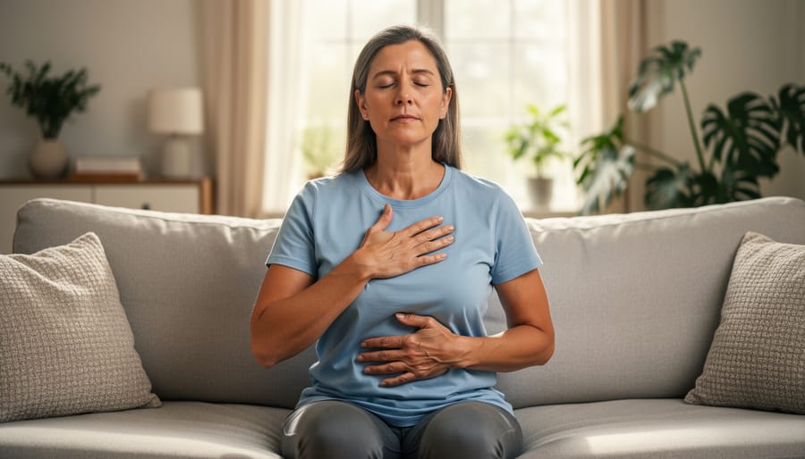 Person practicing deep breathing exercise outdoors in natural sunlight