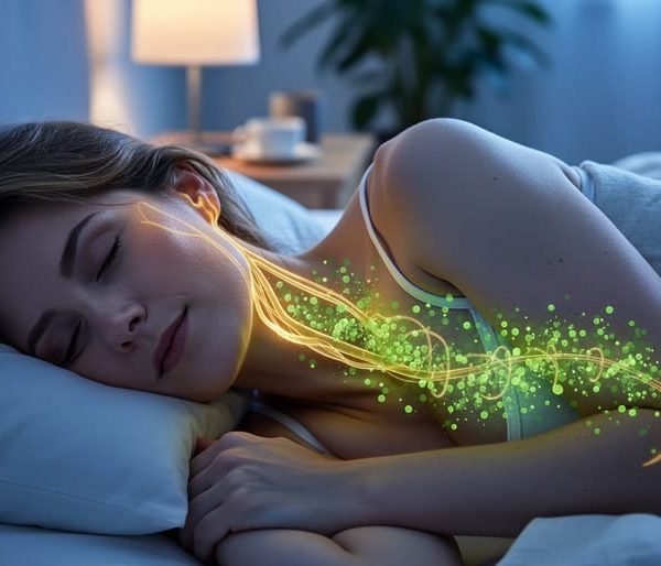 Peaceful adult sleeping on their side in a dim bedroom, with a faint golden glow tracing the vagus nerve down the neck and chest and soft green particle lights suggesting endocannabinoid activity; cool blue lighting and a blurred nightstand and plant in the background.