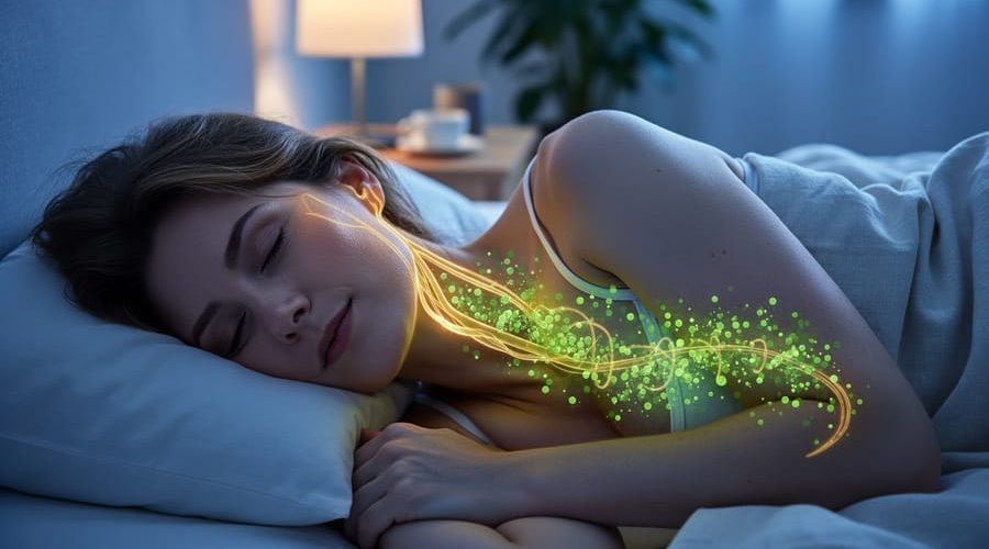 Peaceful adult sleeping on their side in a dim bedroom, with a faint golden glow tracing the vagus nerve down the neck and chest and soft green particle lights suggesting endocannabinoid activity; cool blue lighting and a blurred nightstand and plant in the background.