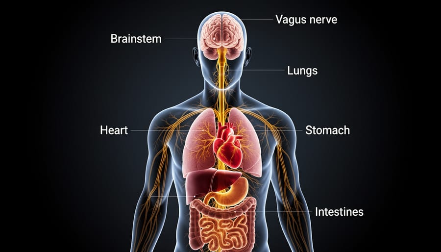 Anatomical model showing the vagus nerve pathway from brain through body