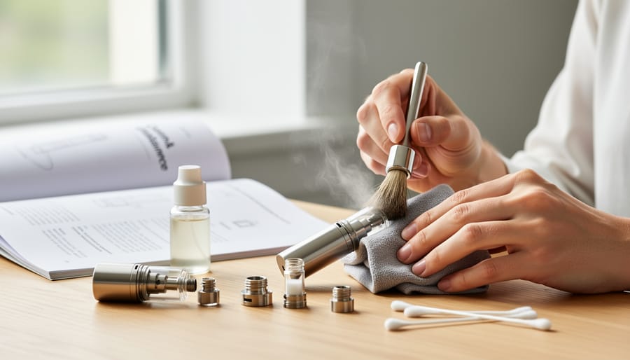 Person cleaning dry herb vaporizer device with brush and cleaning supplies