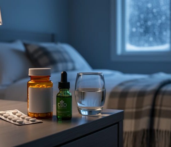 Nighttime bedside table with an unlabelled amber pill bottle, blister pack of white tablets, and CBD oil dropper beside a glass of water, softly lit with a blurred Canadian bedroom and frosted window in the background.