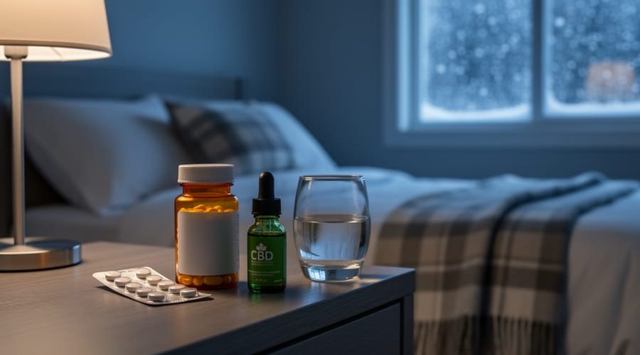Nighttime bedside table with an unlabelled amber pill bottle, blister pack of white tablets, and CBD oil dropper beside a glass of water, softly lit with a blurred Canadian bedroom and frosted window in the background.
