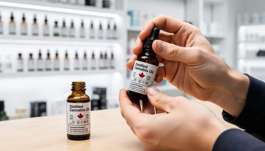 Cannabis oil products with clear labeling displayed on kitchen counter