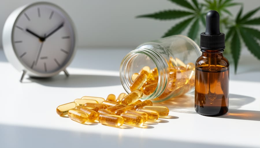 Hand holding CBD capsules with water glass in modern kitchen setting