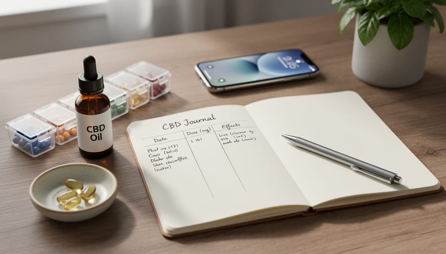 Person tracking CBD dosage and effects in wellness journal with oil bottle nearby