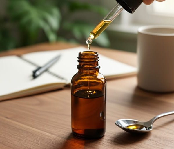 Unlabeled amber CBD oil bottle with dropper releasing golden drops into a teaspoon on a wooden table, with a softly blurred notebook, pen, mug, and green plant in the background under natural daylight.
