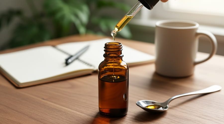 Unlabeled amber CBD oil bottle with dropper releasing golden drops into a teaspoon on a wooden table, with a softly blurred notebook, pen, mug, and green plant in the background under natural daylight.