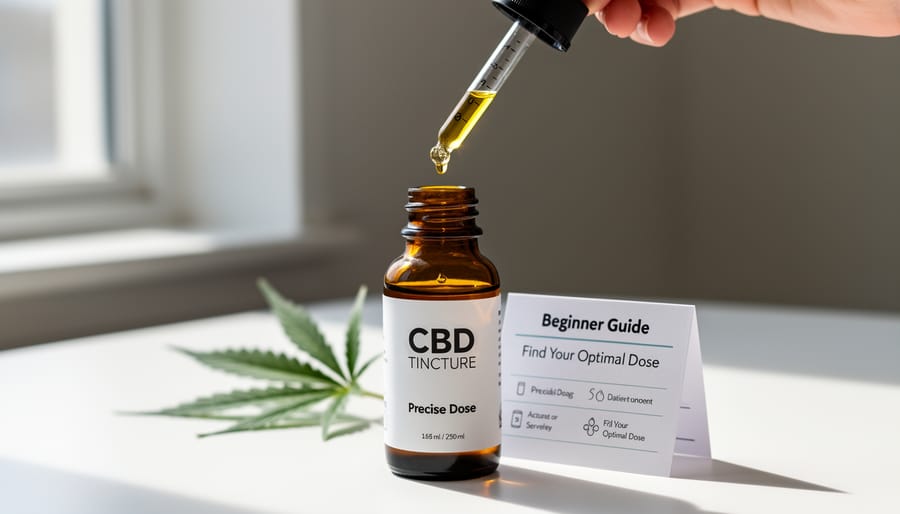 Clear glass dropper bottle containing golden CBD oil with precise measurement markings