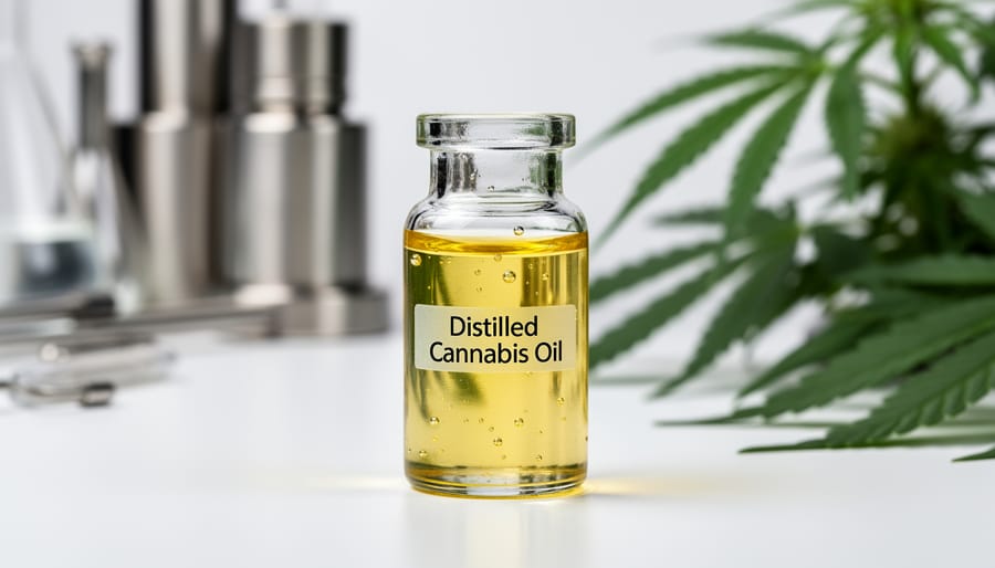 Close-up of pure amber-colored distilled cannabis oil droplet on glass dropper