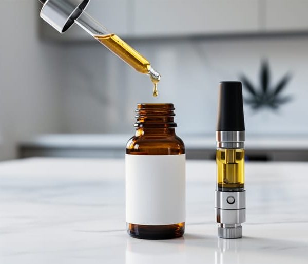 Close-up of a glass dropper releasing a single golden drop of cannabis distillate above an amber bottle on a white marble counter, with a vape cartridge nearby; soft natural light and a blurred minimalist kitchen with a faint cannabis leaf in the background.