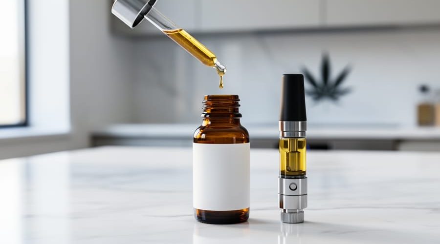 Close-up of a glass dropper releasing a single golden drop of cannabis distillate above an amber bottle on a white marble counter, with a vape cartridge nearby; soft natural light and a blurred minimalist kitchen with a faint cannabis leaf in the background.