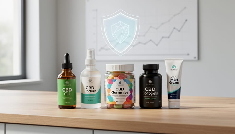 Collection of various CBD products from different brands arranged on counter