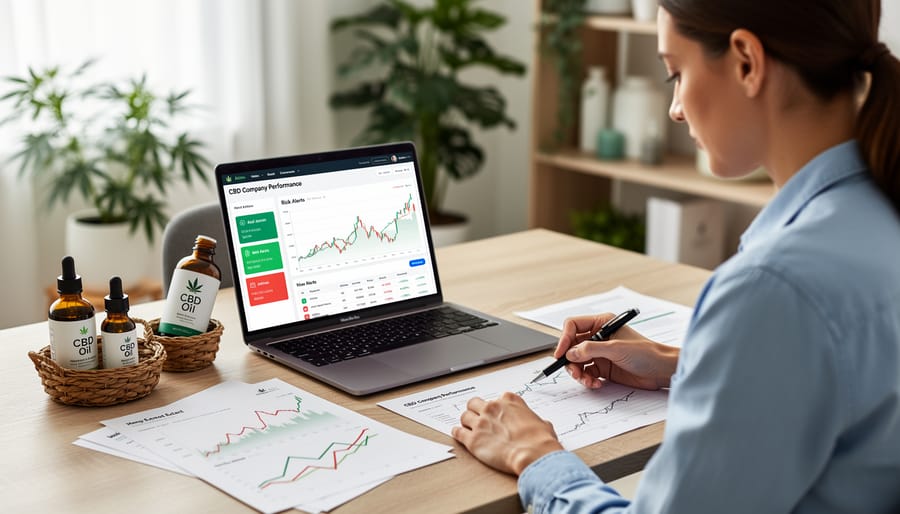 Person researching CBD company financial information on smartphone with product nearby