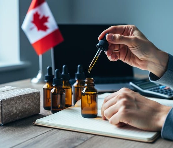 Hands compare unbranded amber CBD oil dropper bottles on a wooden desk beside a sealed shipping box and bubble wrap, with a blurred laptop, calculator, and a small Canadian flag in the background.