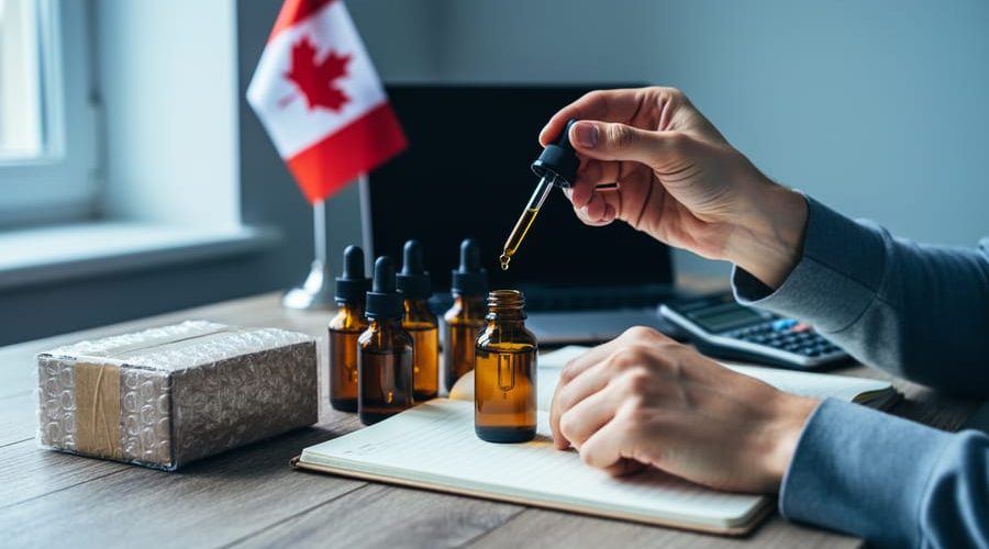 Hands compare unbranded amber CBD oil dropper bottles on a wooden desk beside a sealed shipping box and bubble wrap, with a blurred laptop, calculator, and a small Canadian flag in the background.