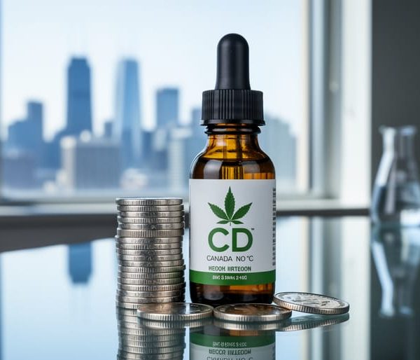 CBD oil dropper bottle next to stacked Canadian coins on a glass desk, with blurred Toronto financial towers and subtle lab glassware in the background under soft daylight.