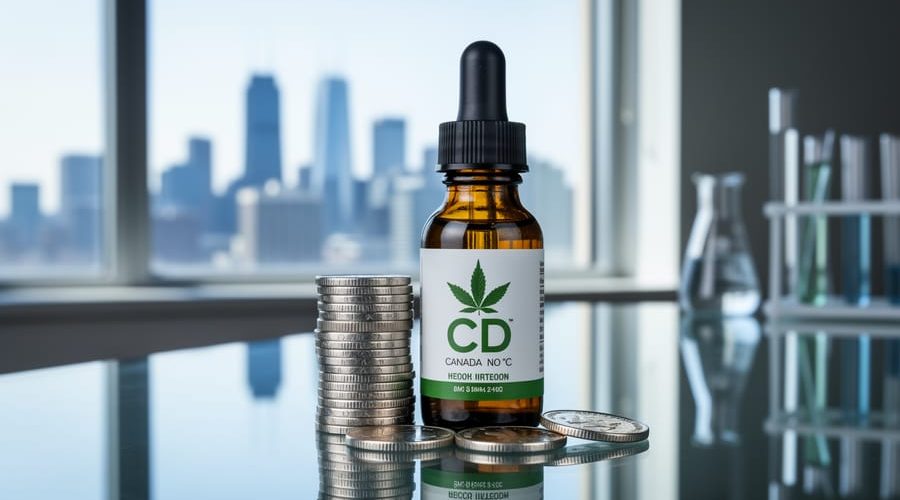 CBD oil dropper bottle next to stacked Canadian coins on a glass desk, with blurred Toronto financial towers and subtle lab glassware in the background under soft daylight.