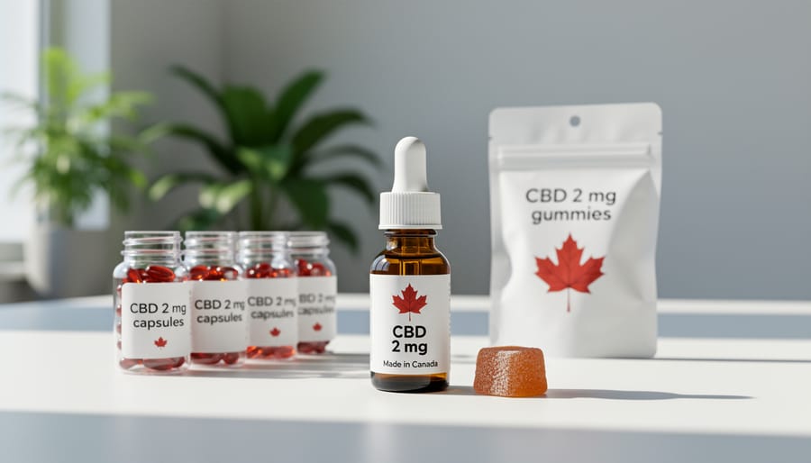 Assortment of Canadian CBD products including oil bottles, capsules, and gummies
