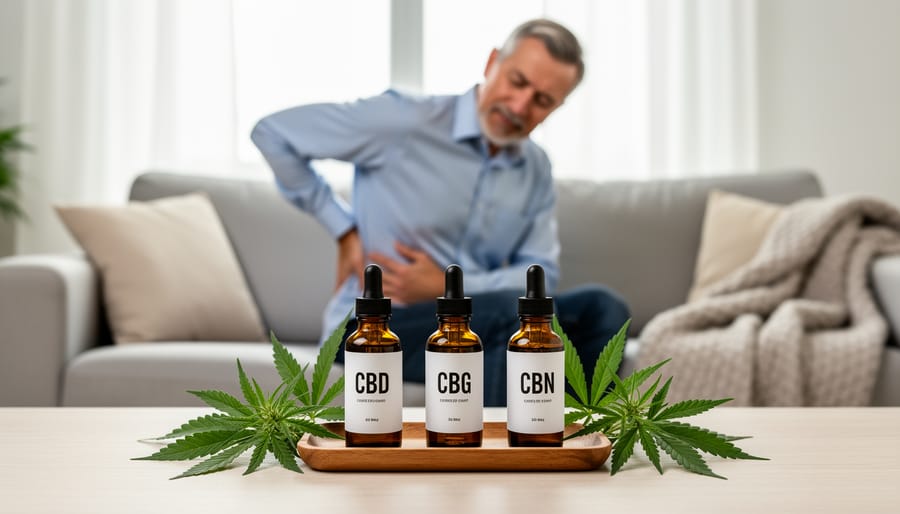 Multiple cannabinoid oil bottles arranged with cannabis leaves showing product variety