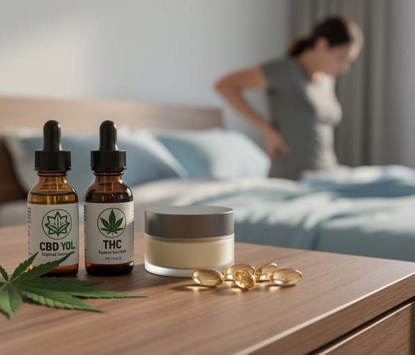 Unlabeled amber CBD dropper bottle, darker THC tincture bottle, small jar of topical cream, cannabis leaf, and softgel capsules on a wooden bedside table in soft morning light, with a blurred person stretching their lower back in the background.