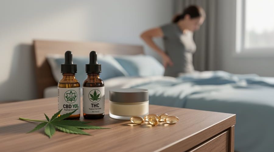 Unlabeled amber CBD dropper bottle, darker THC tincture bottle, small jar of topical cream, cannabis leaf, and softgel capsules on a wooden bedside table in soft morning light, with a blurred person stretching their lower back in the background.