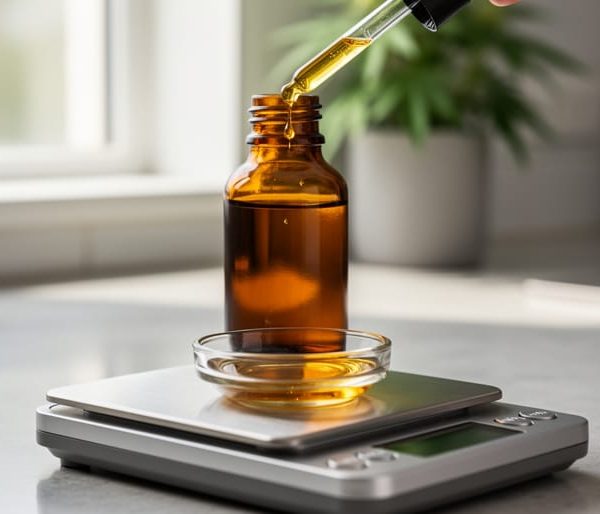Close-up of an amber cannabis oil dropper bottle on a small digital scale while a dropper releases a golden drop into a glass dish on a kitchen counter, background softly blurred.