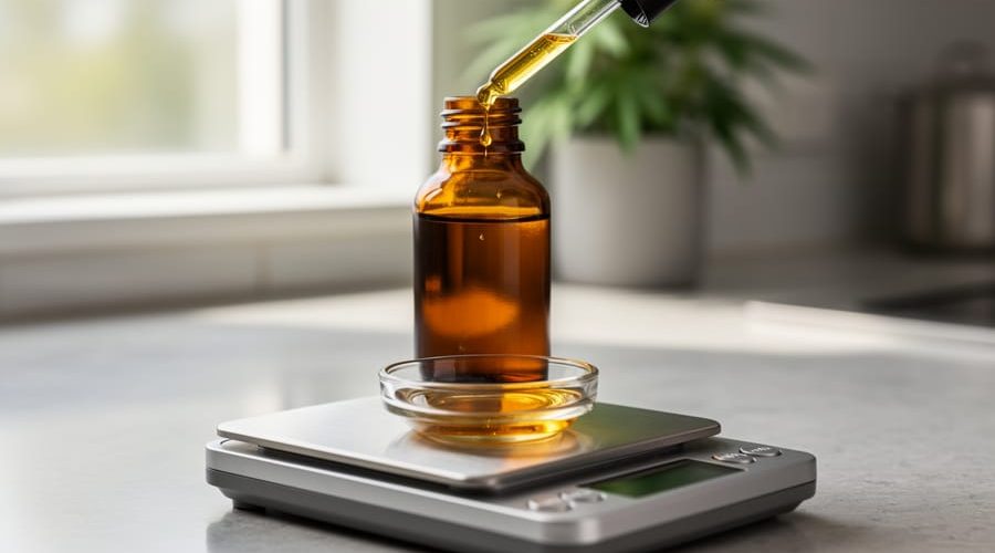 Close-up of an amber cannabis oil dropper bottle on a small digital scale while a dropper releases a golden drop into a glass dish on a kitchen counter, background softly blurred.